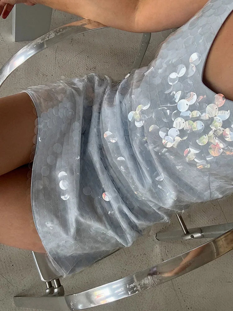 Sexy Sequined Women's Dress Sleeveless V-Neck Sling Loose Lady Mini Dresses 2026 Summer Autumn Chic Female Vacation Robe