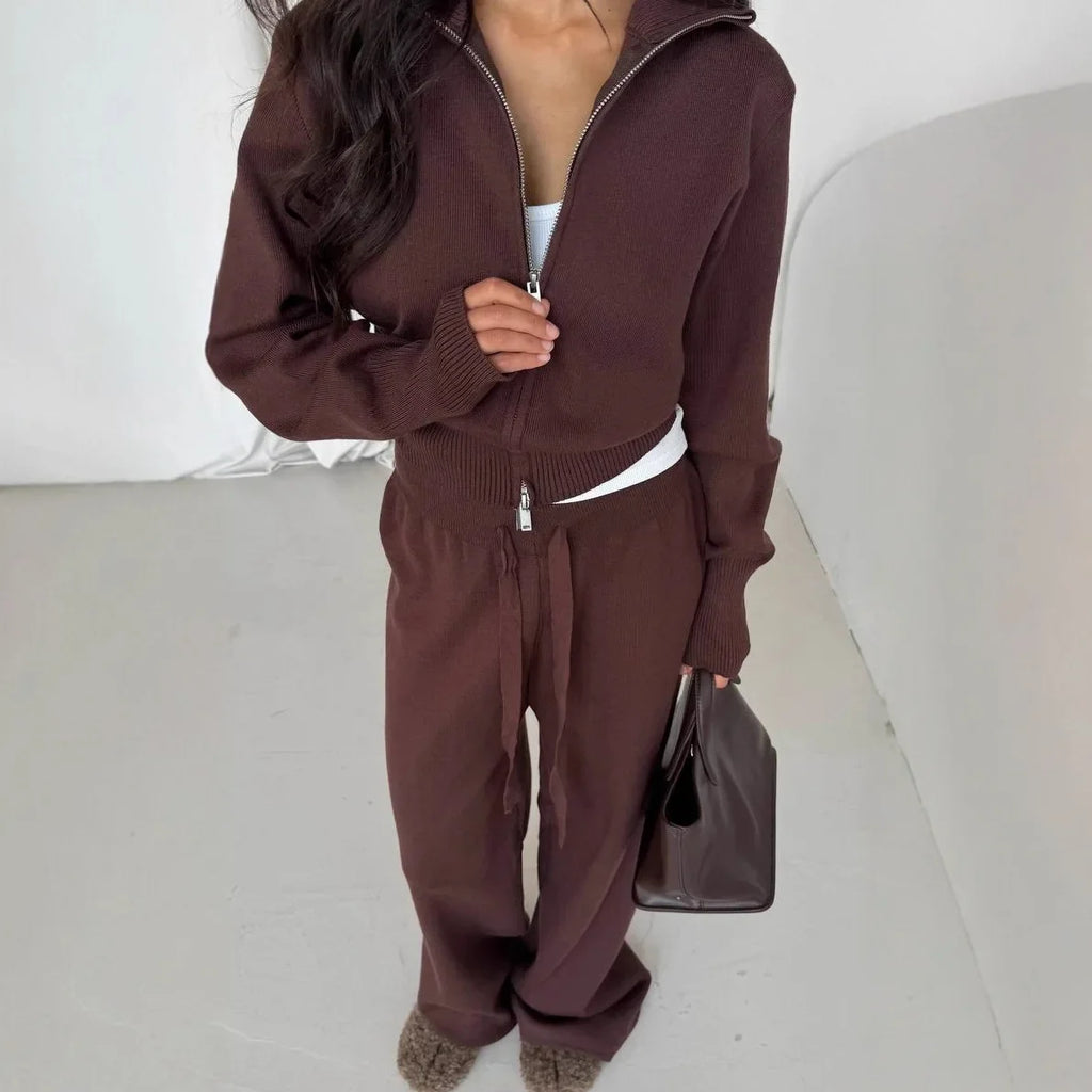 Women Cotton Knitted Cardigan Wide Leg Pants Suit Autumn and Winter Lady  Fashion Loose Daily Office Jacket Straight Pants 2Pcs