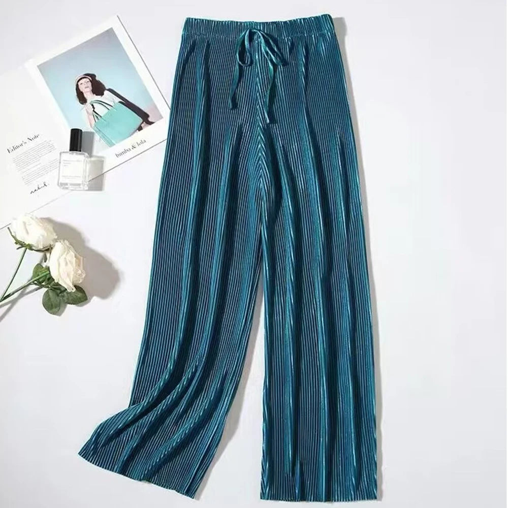 Women Fashion Summer Wide Leg Pants Pleated Ice Silk Trousers Elastic Waist Loose Casual Classic Base Girls Gifts Wear Pants