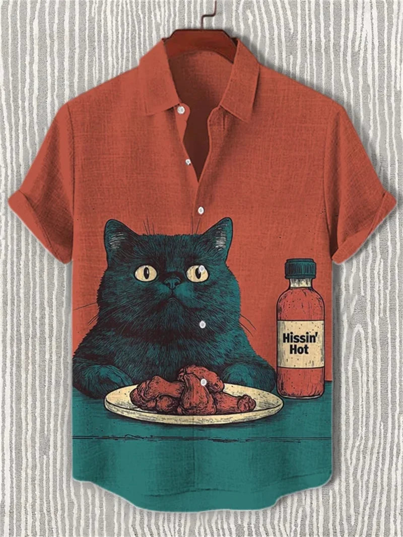 Hawaiian Linen Short Sleeved Shirt Men's Cat Print Short Sleeved Shirt Top with Collar for Casual Vacation Clothing Top