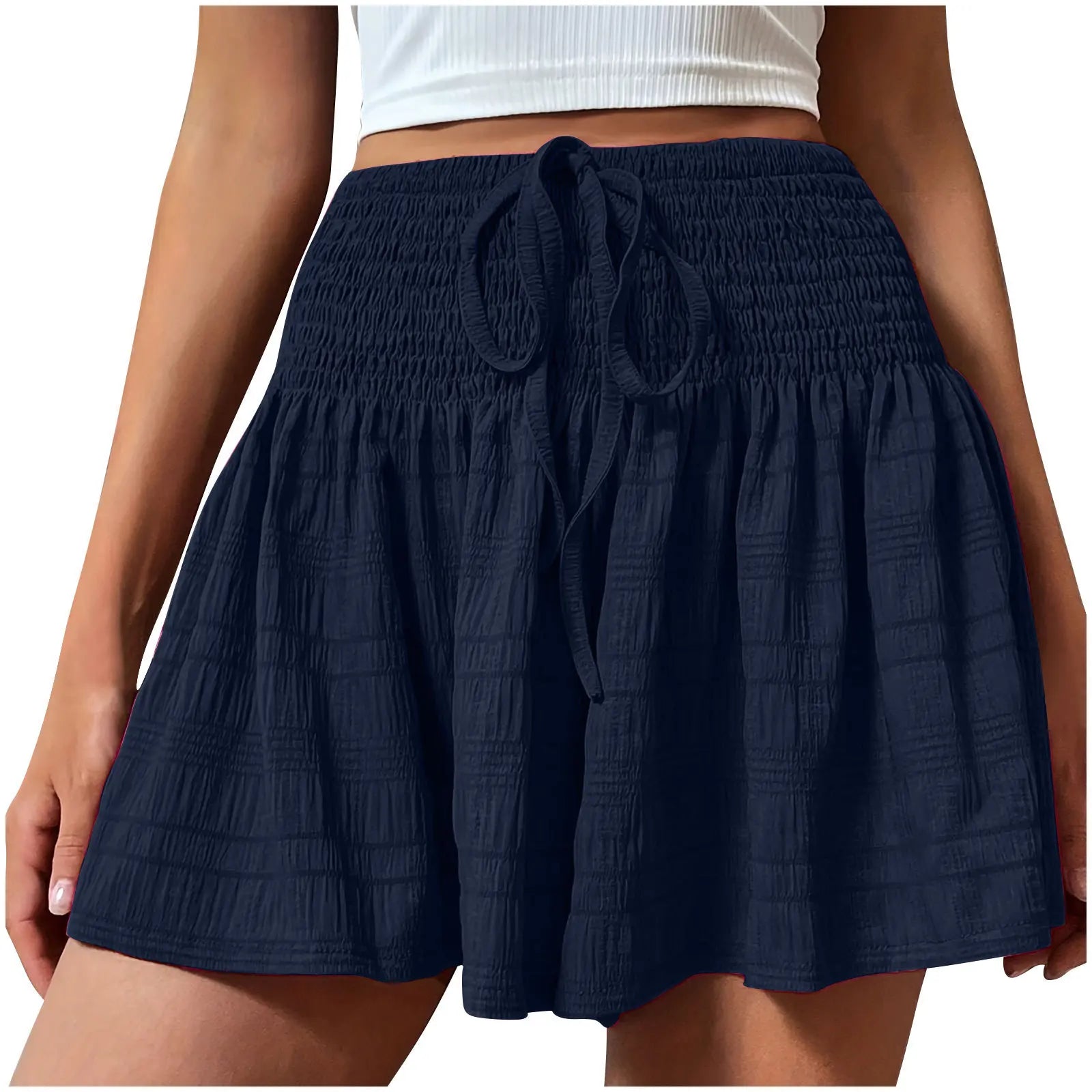 Women Casual High Waist Shorts Skirt Smocked Elastic Drawstring A-Line Flowy Short Skirt Pants Summer Solid Color Beach Skorts