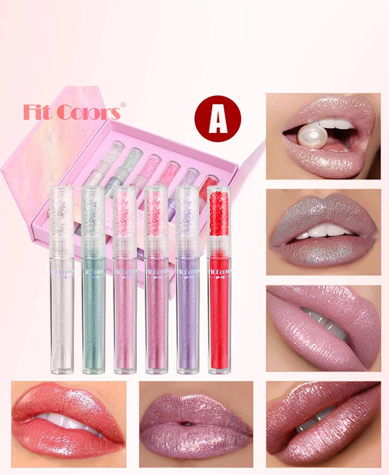 Pearlized Diamond Lip Oil Gloss Set 6 Shades Waterproof Moisturizing High Shine Lipgloss Luxe Gift Box for Women