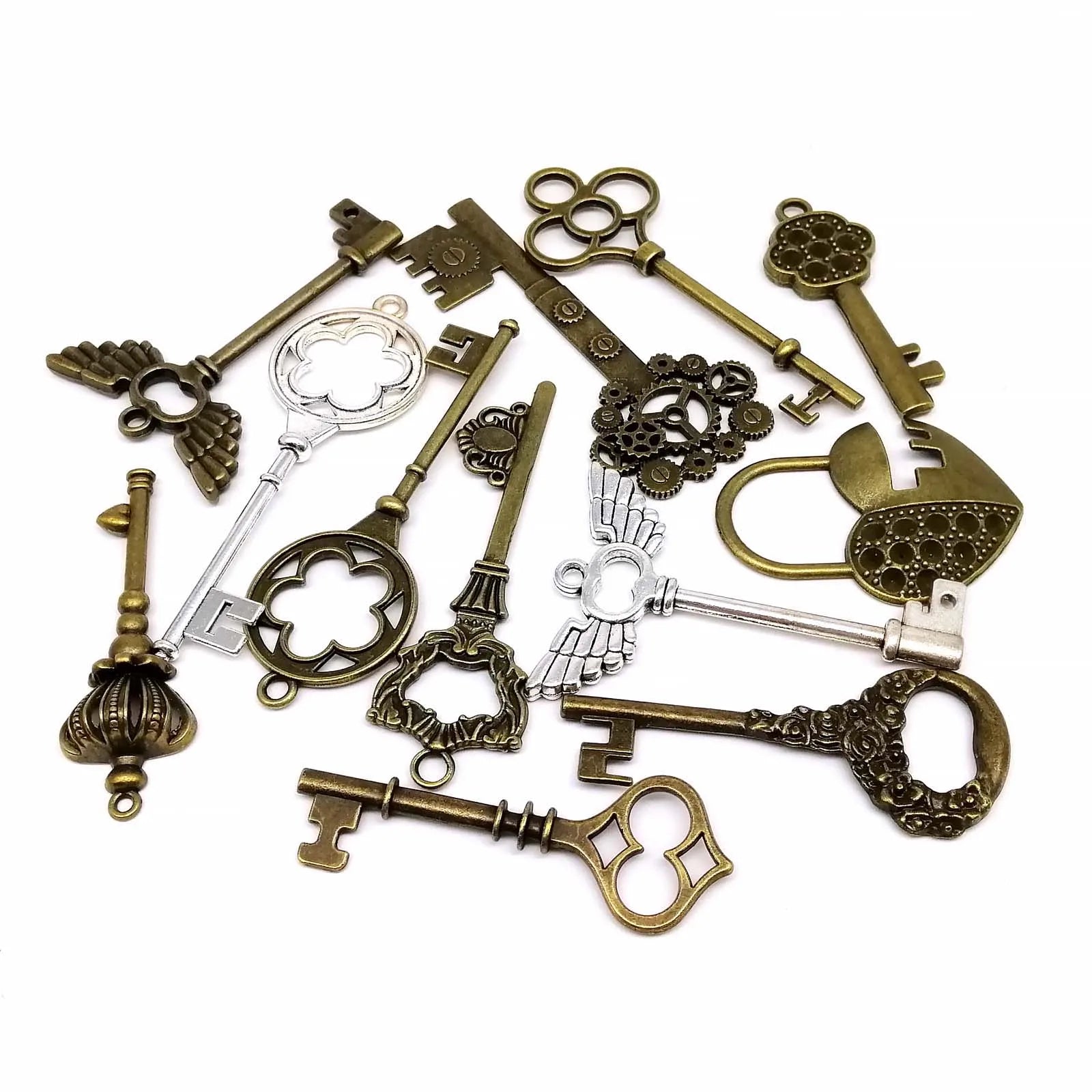 10pcs Old Looking Old-fashioned Decorative Vintage Key Steampunk Charms Pendant Jewelry Making Antique Brass Bronze Silver