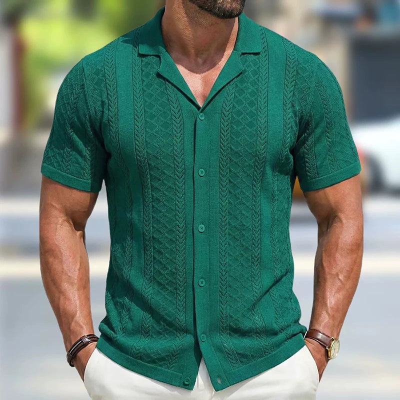 Summer Men Knitted Cardigan Polo Shirts Short Sleeve Striped Jacquarded Business Shirts American Retro Premium Quality Knitwear