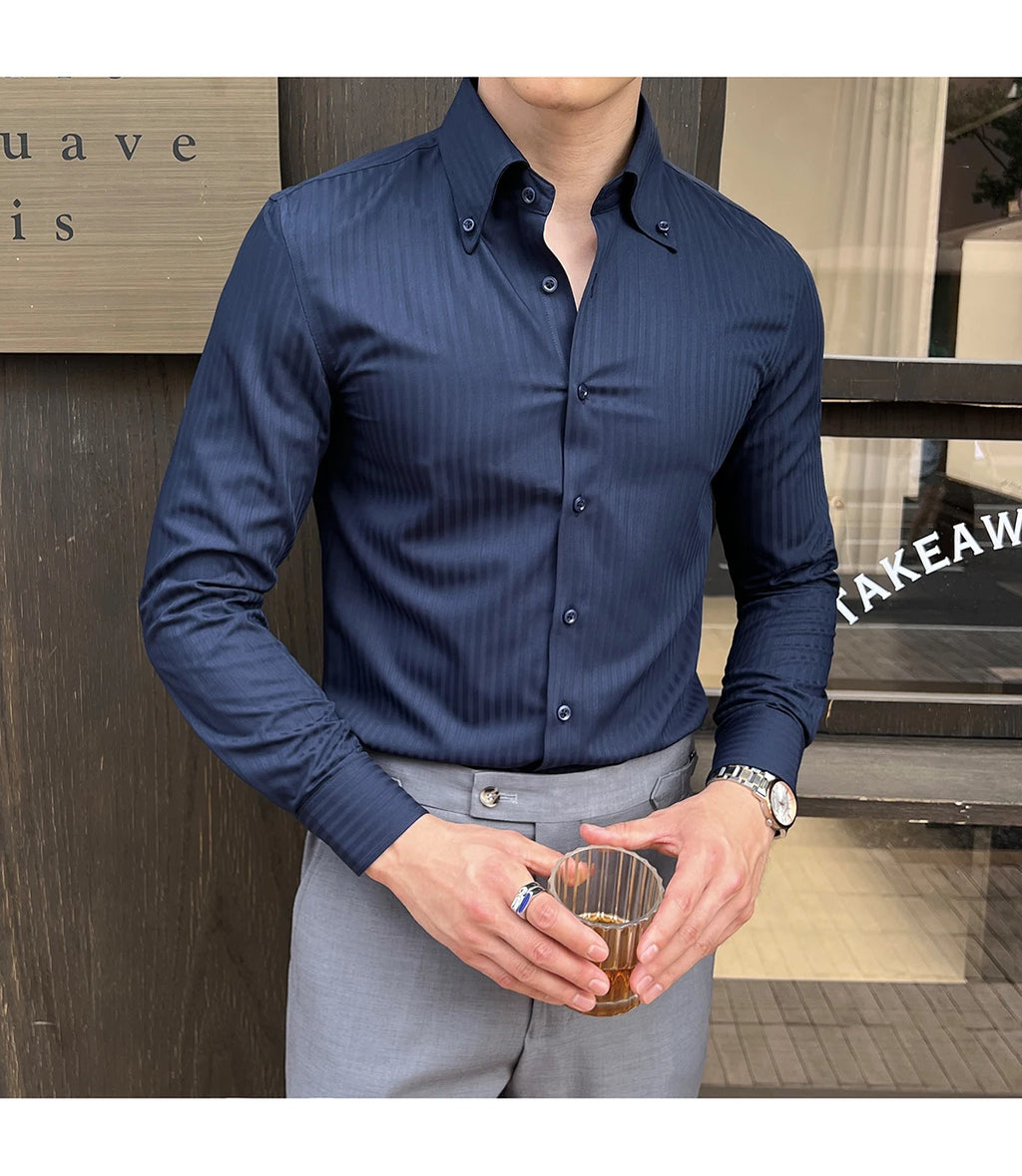 High-quality autumn men's new long-sleeve dark striped slim-fit shirt business casual formal workwear M-4XL