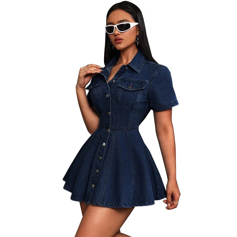 GLCMYAYA Fashion Vintage Women Street Denim Mini Dress 2025 Fall Short Sleeve Single-breasted Sexy Party A-Line Dresses Vestidos
