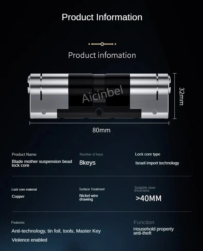 65-130MM High Quality European Standard Lock Cylinder,Super C-Level Anti-Theft Door Lock Cylinder,Household Copper Lock 8 Keys