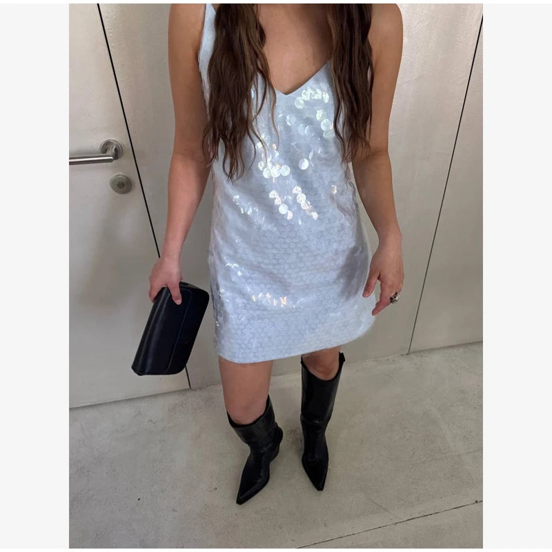 Sequin Lace Trim Patchwork Dress Women Chic Sleeveless High Waist Suspenders Sling Short Dresses 2026 Sexy Party Club Outfits