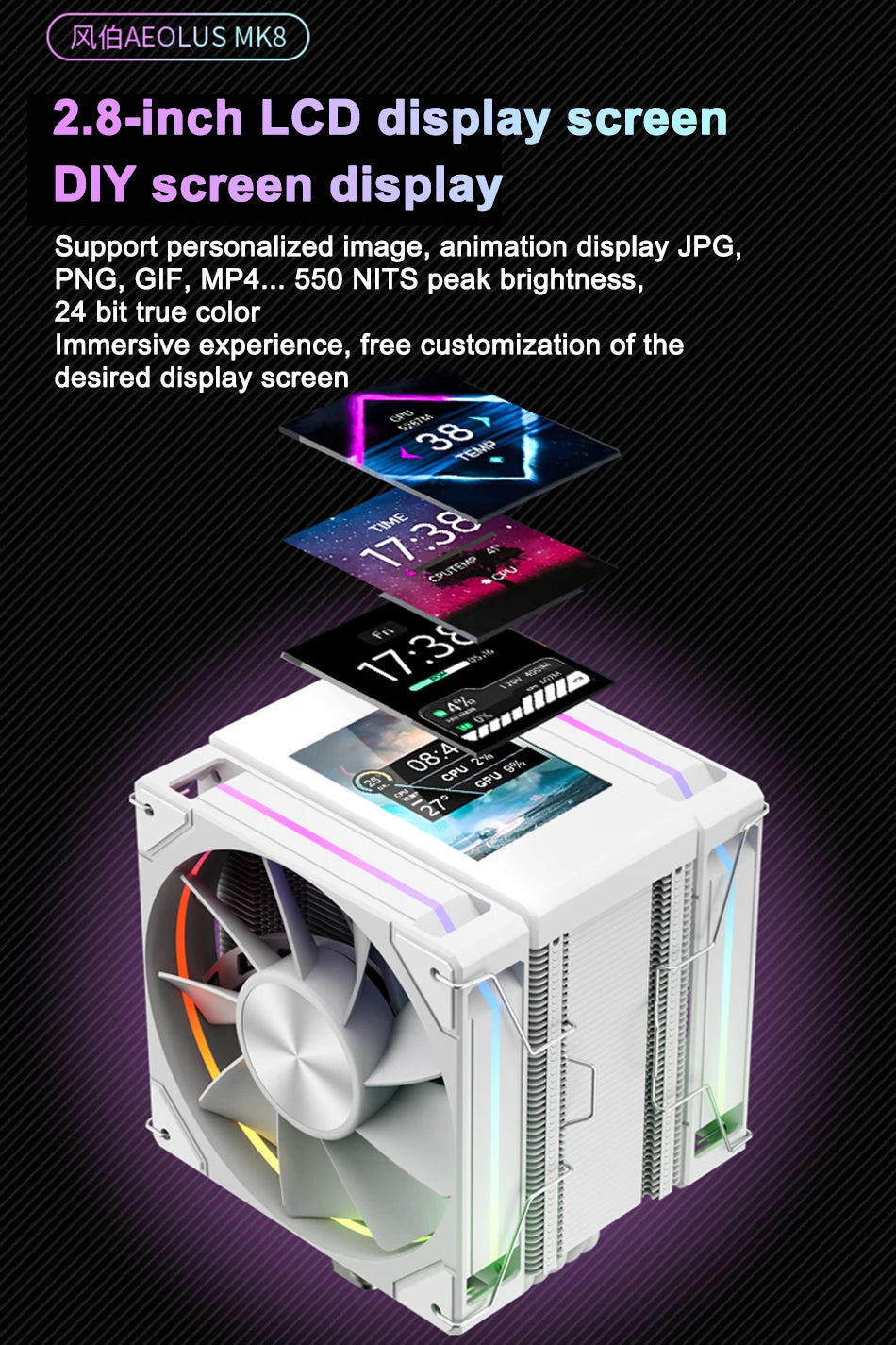 Power Train X-GAMERX MK8 Air Cooling CPU Radiator 6 Heat pipes Radiator ARGB Dual Fan LCD Screen Cooler INTEL LGA1700 1200 AM5