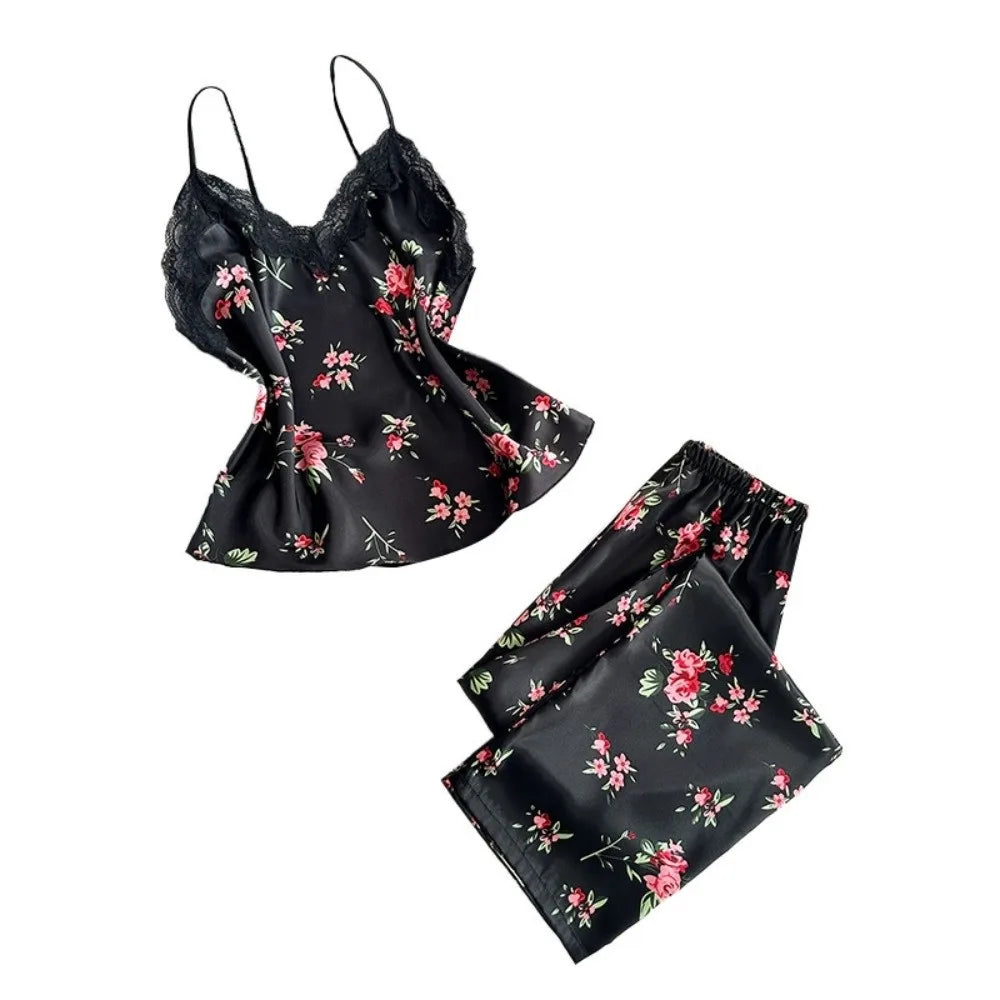 Satin Ice Silk Women's Printed Pajamas Set Lace-Trimmed V-Neck Floral Printed Ice Silk Suspender Sleepwear Sleeveless