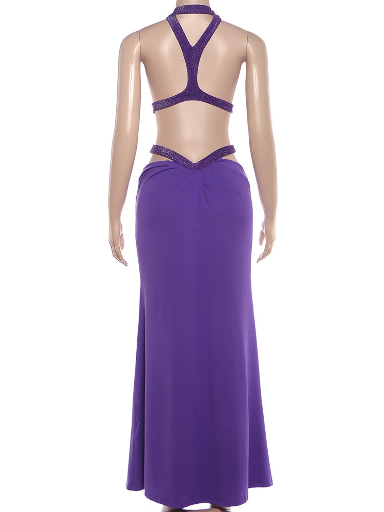 Nibber Deep V-Neck Long Dress Woman Sexy Hollow Design Halter Sleeveless Skinny High Waist Midnight Prom Party Elegant Vestidos