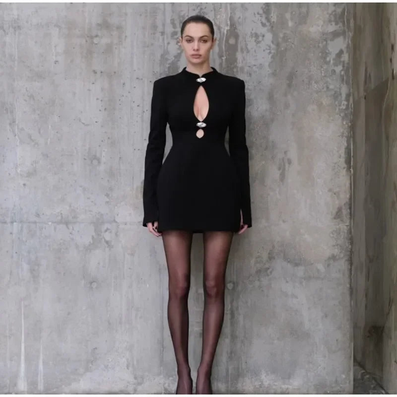 Women Hollow Out Short Dresses Black Round Neck Full Sleeve Waisted Bodycon A-line Vestidos 2025 Lady Daily High Street Gowns