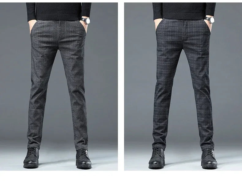 Business Men Pants Spring Autumn Korea Cotton Comfortable Elastic Plaid Casual Fashion Trousers Male Clothing Suit Pant