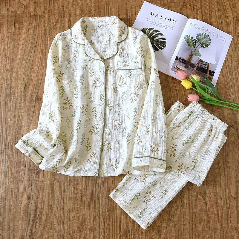 2026 Spring and Autumn Women's Pajama Set 100% Cotton Crepe Long sleeved Pants Two piece Cute and Sweet Home Fury Set Ladies