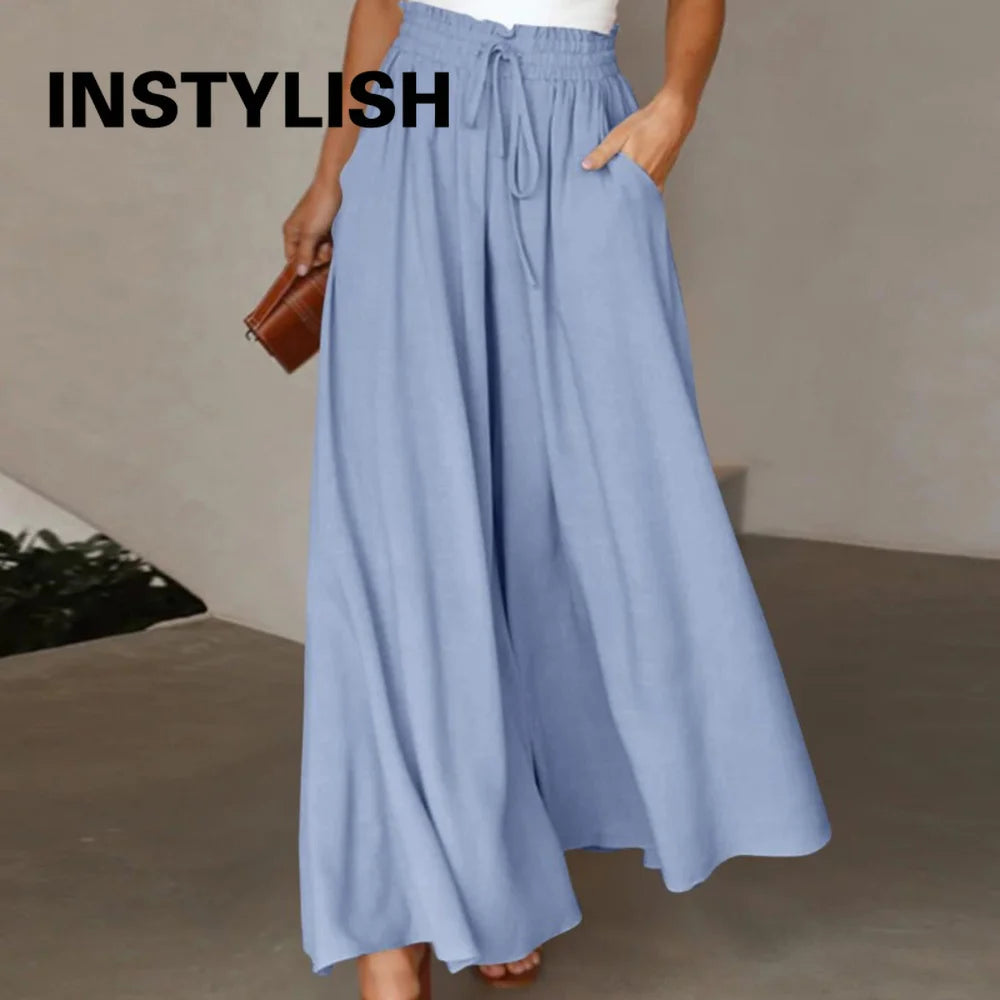 Women Casual Elastic Waist Wide Leg Pants Summer Elegant Drawstring Loose Straight Trouser Elegant Solid Pants Vacation Beach