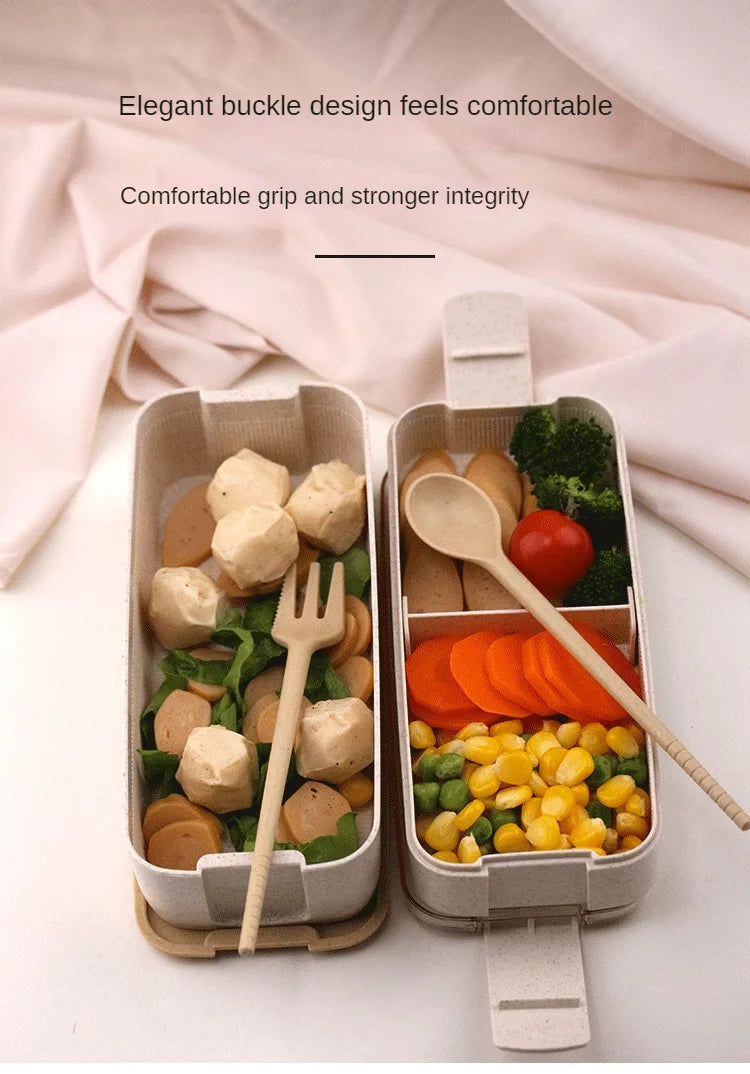 Wheat Straw Lunch Box ，Stackable Bento Box Microwave Dinnerware Food Storage Container with Spoon Fork For Student Work，2 Layer