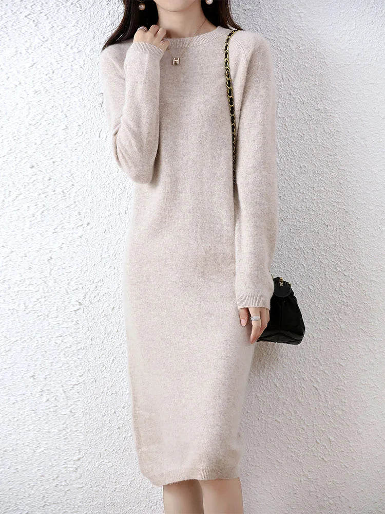 Cashmere Sweater Knitted Dresses 100% Merino Wool Women's Winter Female Elegant Pullovers Dress Autumn Casual Long Sleeve Skirts