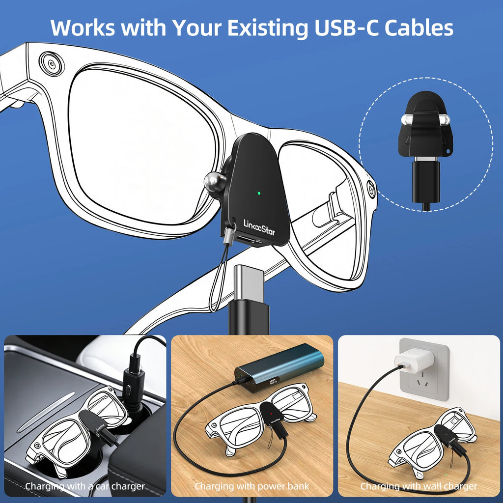 Charging Adapter for Ray-Ban Meta Glasses Gen 1&2 USB C Port P Charger Connector for Wayfarer,Headliner,Skyler&Oakley