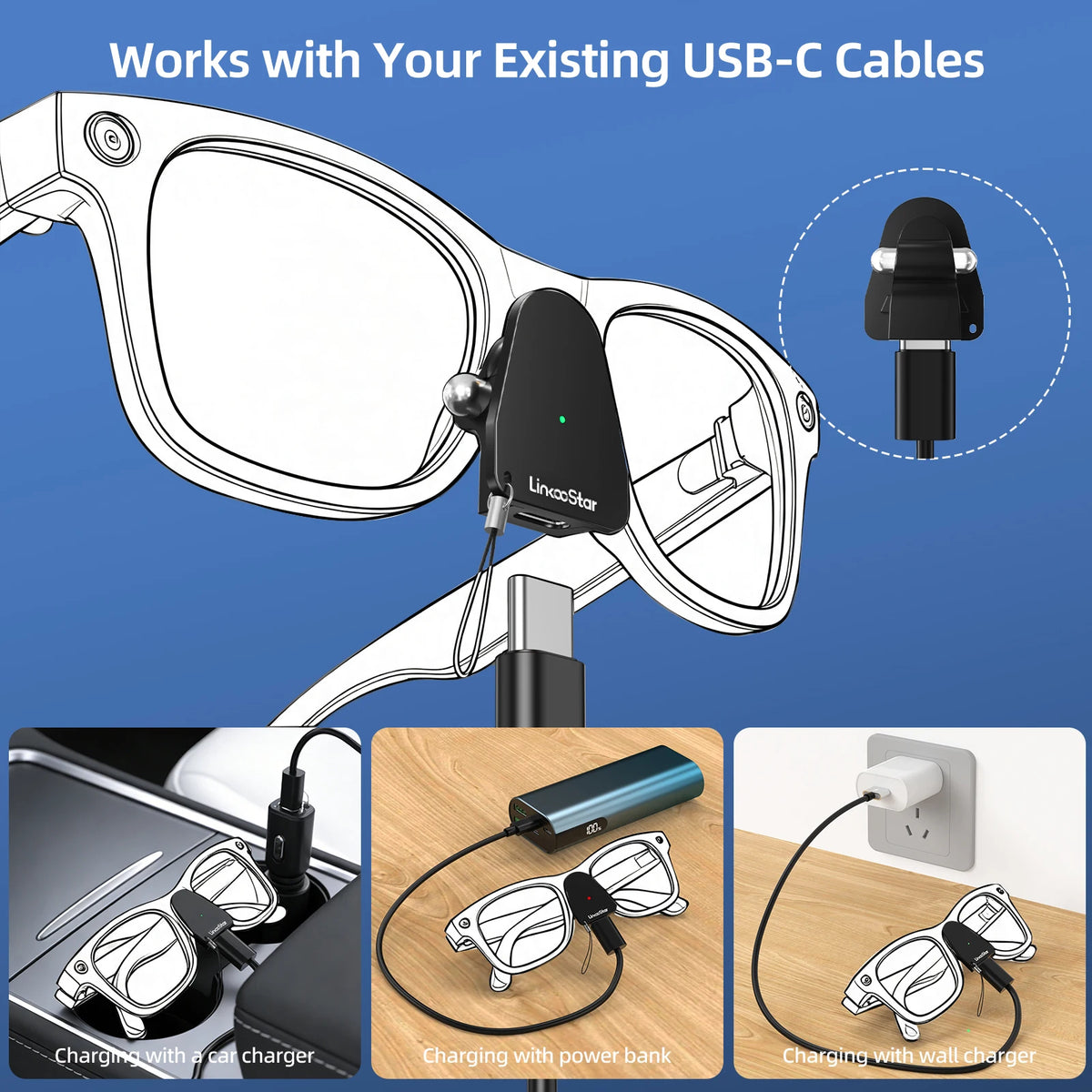 Charging Adapter for Ray-Ban Meta Glasses Gen 1&2 USB C Port P Charger Connector for Wayfarer,Headliner,Skyler&Oakley