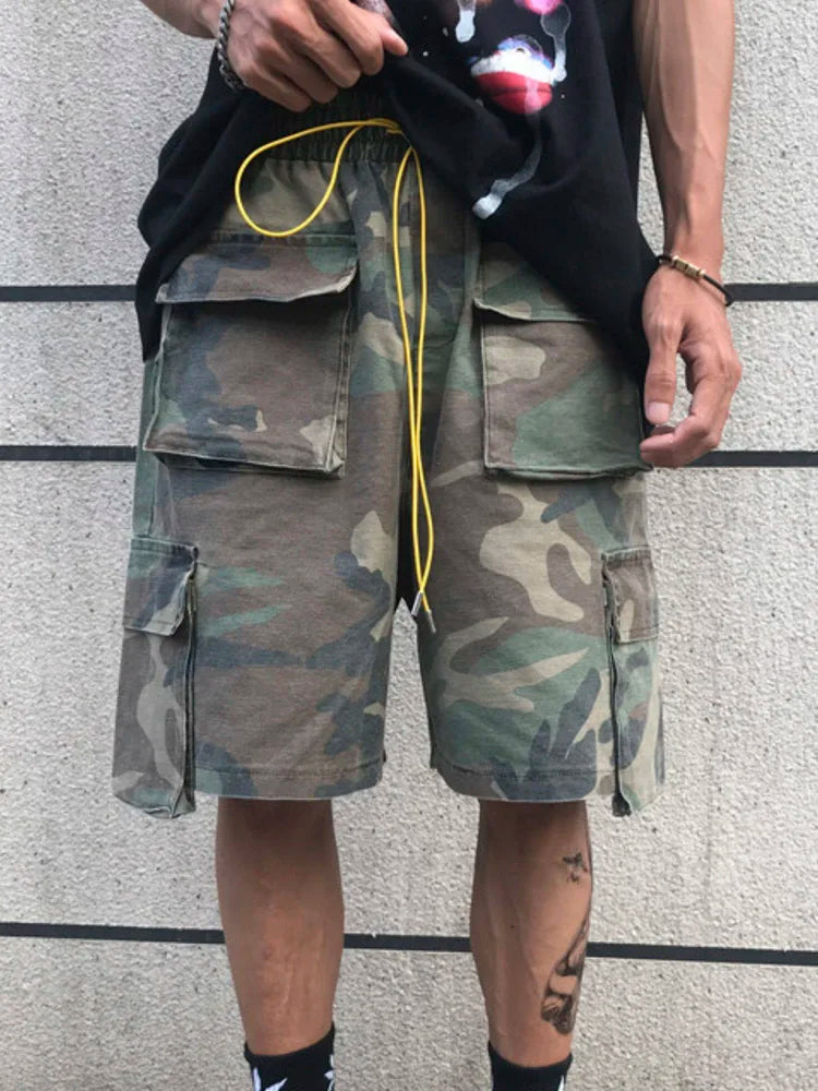 Summer Retro Camouflage Tactical Cargo Shorts Mens Drawstring Multi-Pockets Oversized Casual Work Denim Shorts Man Streetwear