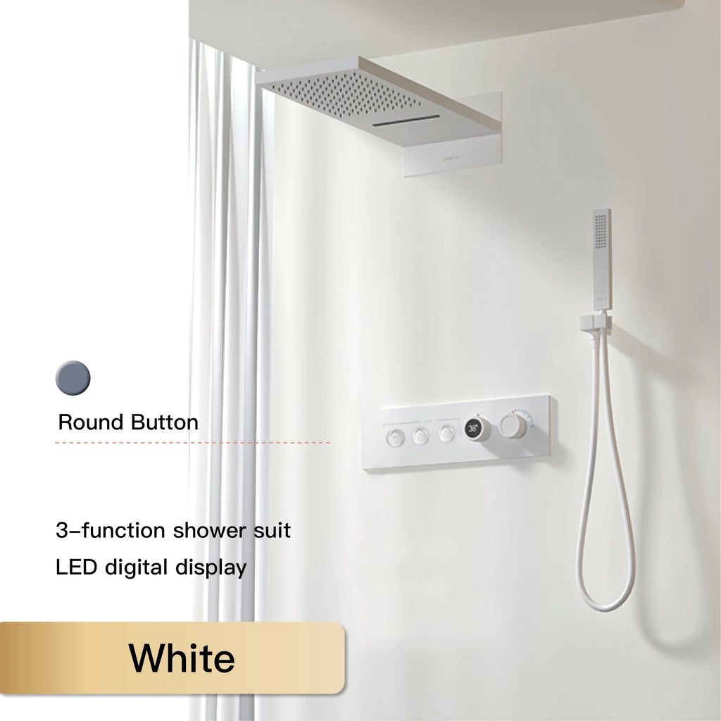 Luxury Black Brass Shower System, Wall Mounted Led Digital Display, Cold Hot Dual Control, Four Function Ceiling Shower Tap