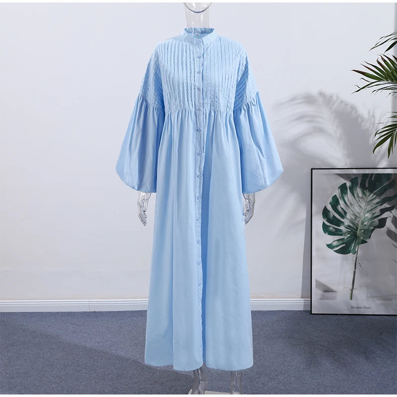Solid Color Loose Fit Flare Sleeve Tiered Dress Crew Neck Ruffle Hem Pleated Long Maxi Dresses 2026 Spring Chic Casual Outwear