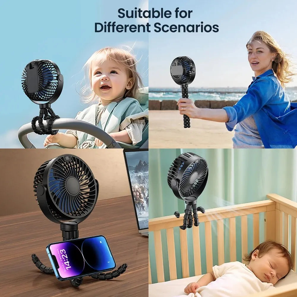 5000mah Stroller Portable Mini Fan USB Rechargeable Outdoor Electric Fan 4 Gear Speed 360°Degree Rotata & Digital Display