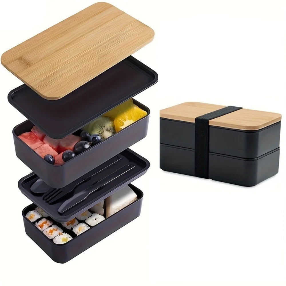 Adult Bento Lunch Box, 2-Tier Food Storage Container Set with Cutlery for Kids/children, Crisper Microwave and Dishwasher Safe