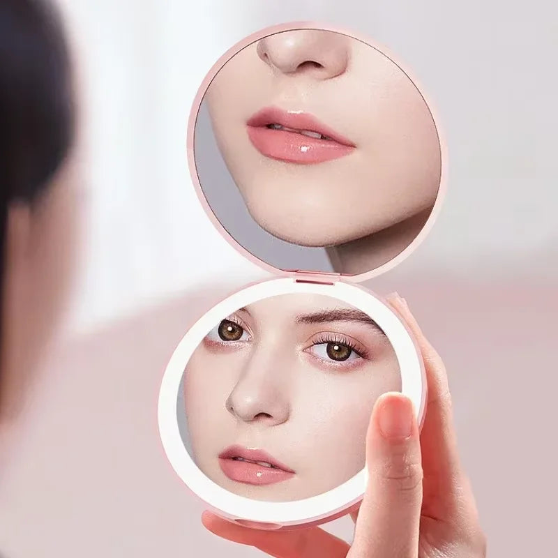 Pocket LED Makeup Mirror Round Portable Folding Small with Light Travel Handheld Cosmetic Compact 2X Magnifying Lighted Mirror