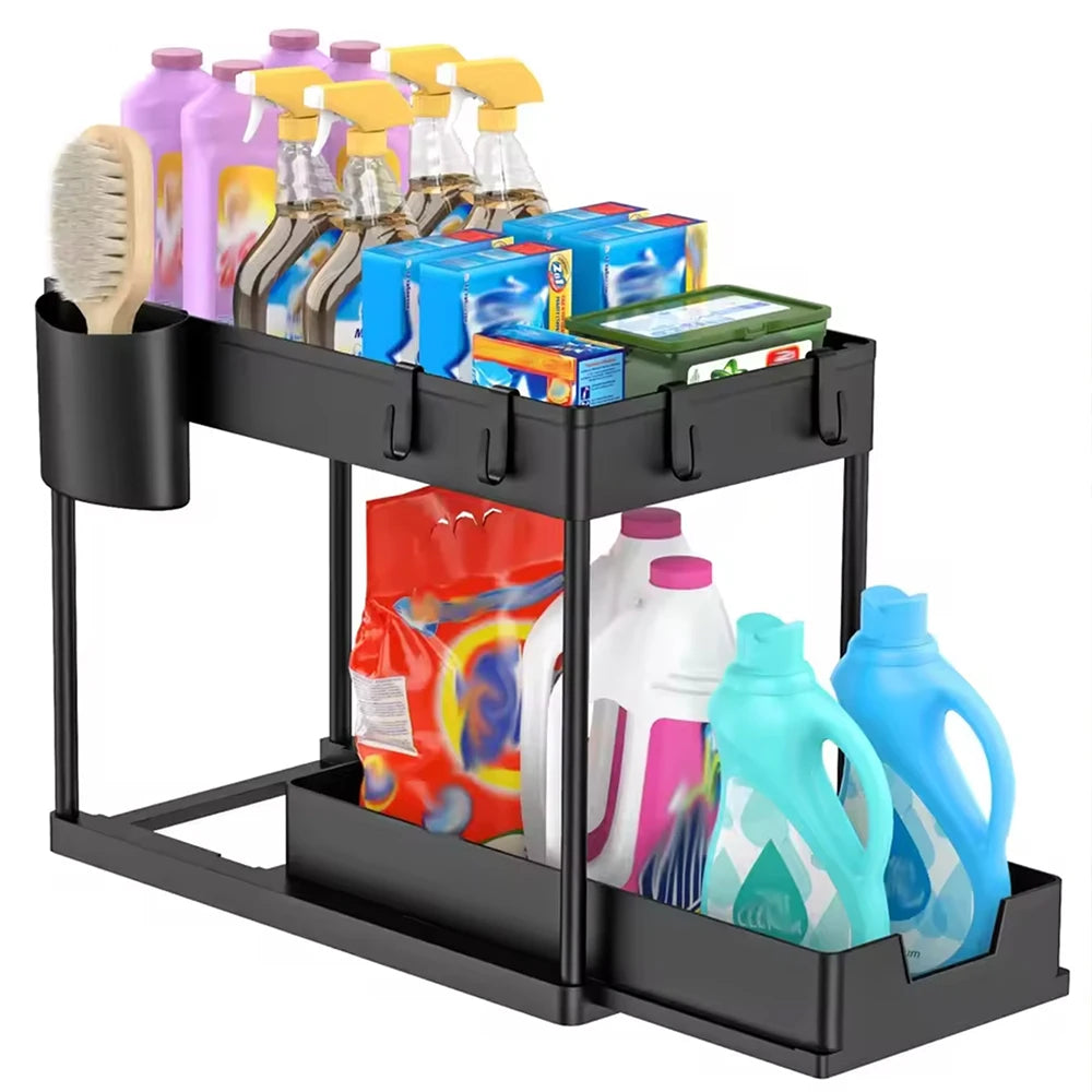Under Sink Organizer Storage With Hooks 2-Tier Sliding Cabinet Basket Organizer Pull Out Sliding Drawer for Bathroom Kitchen