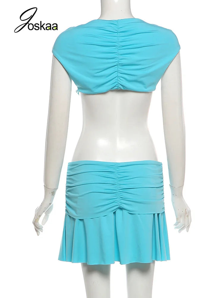 Joskaa Buckle Patchwork Blue Dress Woman Sexy  V-Neck Sleeveless Hollow Design Bodycon Mini Dresses Beachwear Party Clubwear