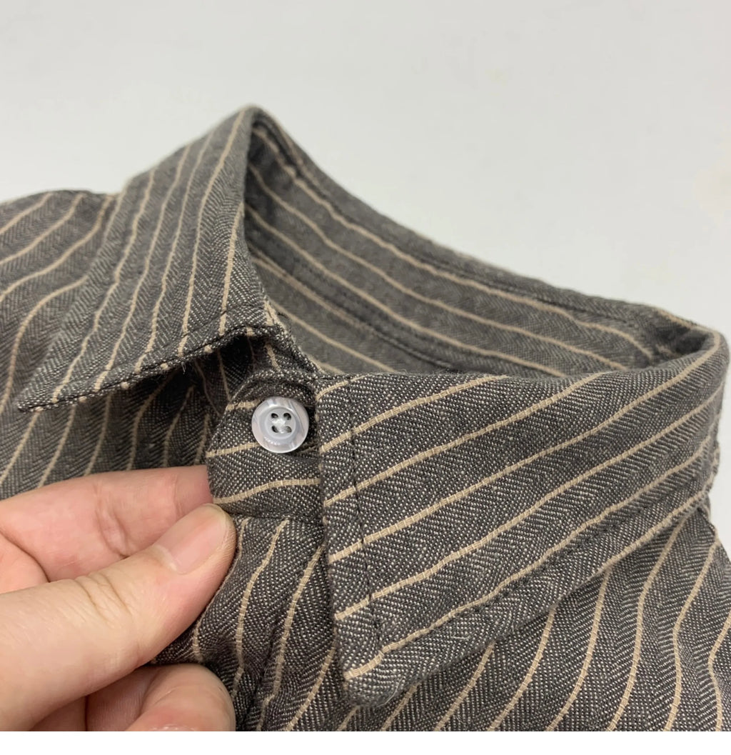 55% Linen 45% Cotton Vintage Striped Shirts for Men American Casual Retro Loose Blouses 2024 Spring Autumn Long Sleeve Male Tops