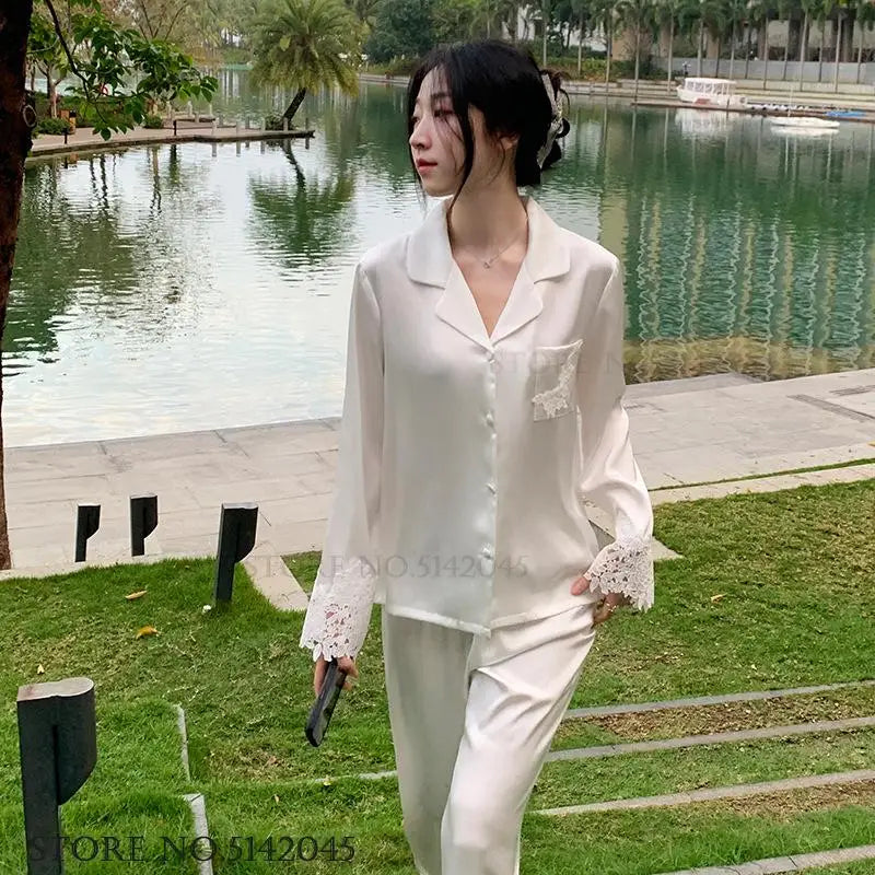 Luxury Women Pajamas Set Night Wear Elegant White Silk Satin Lace Sleepwear Trouser Suit Home Clothes Loose Casual Loungewear