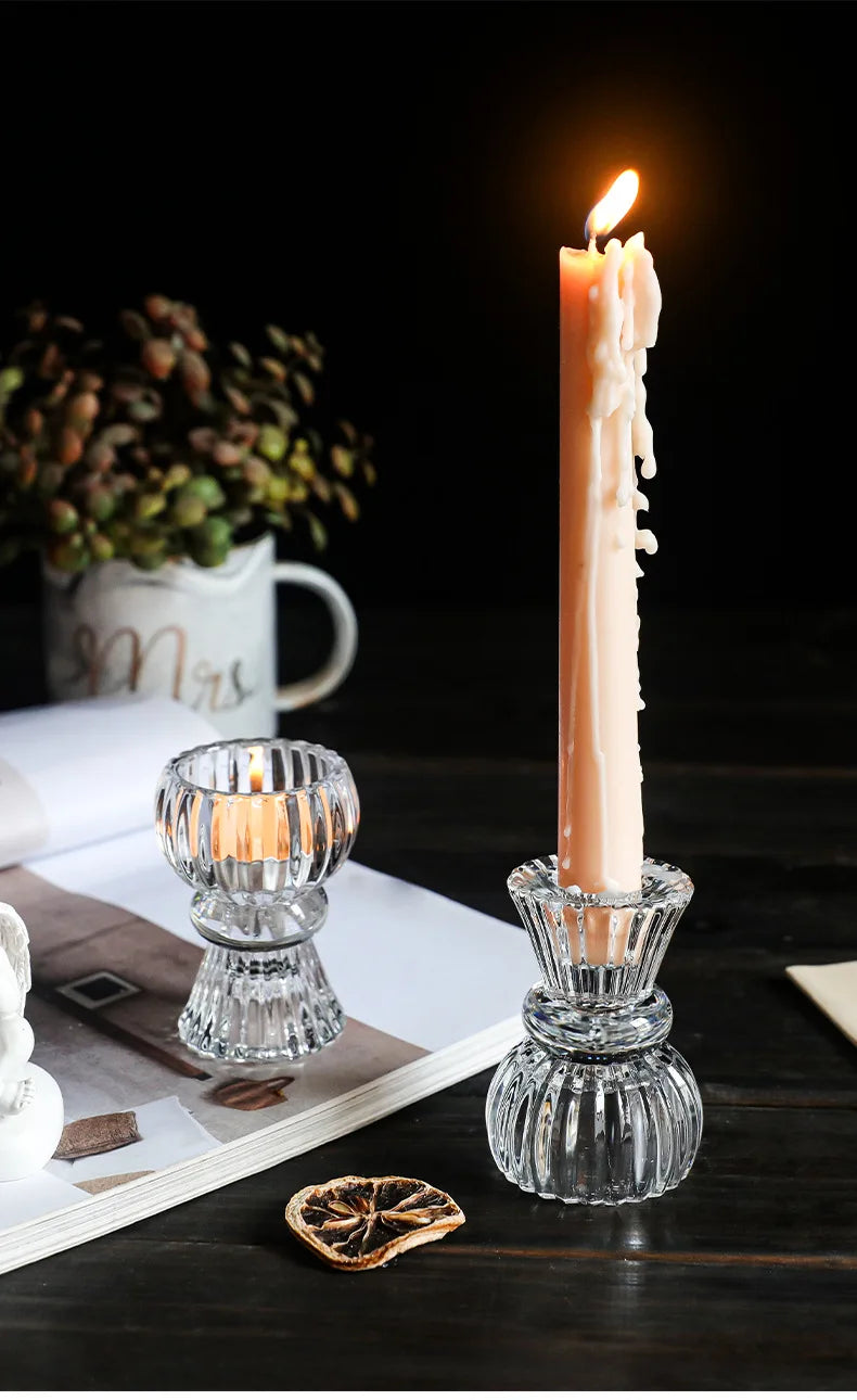Creative Light Luxury Glass Candlestick European Retro Home Decoration Romantic Bar Skirt Double Use Candle Cup Holder Ornament