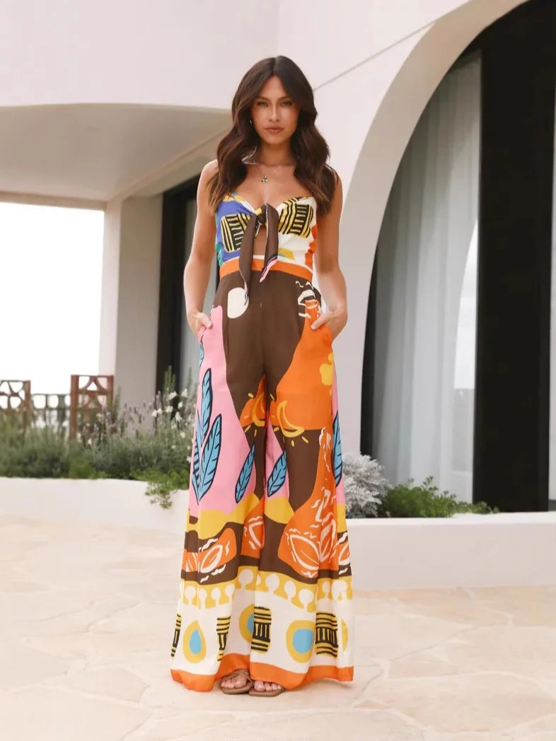Spring Summer Print Spaghetti Strap Jumpsuits Women Fashion Sexy Hollow Out Leace-up High Waist Wide Legs Jumpsuit Bohemian New