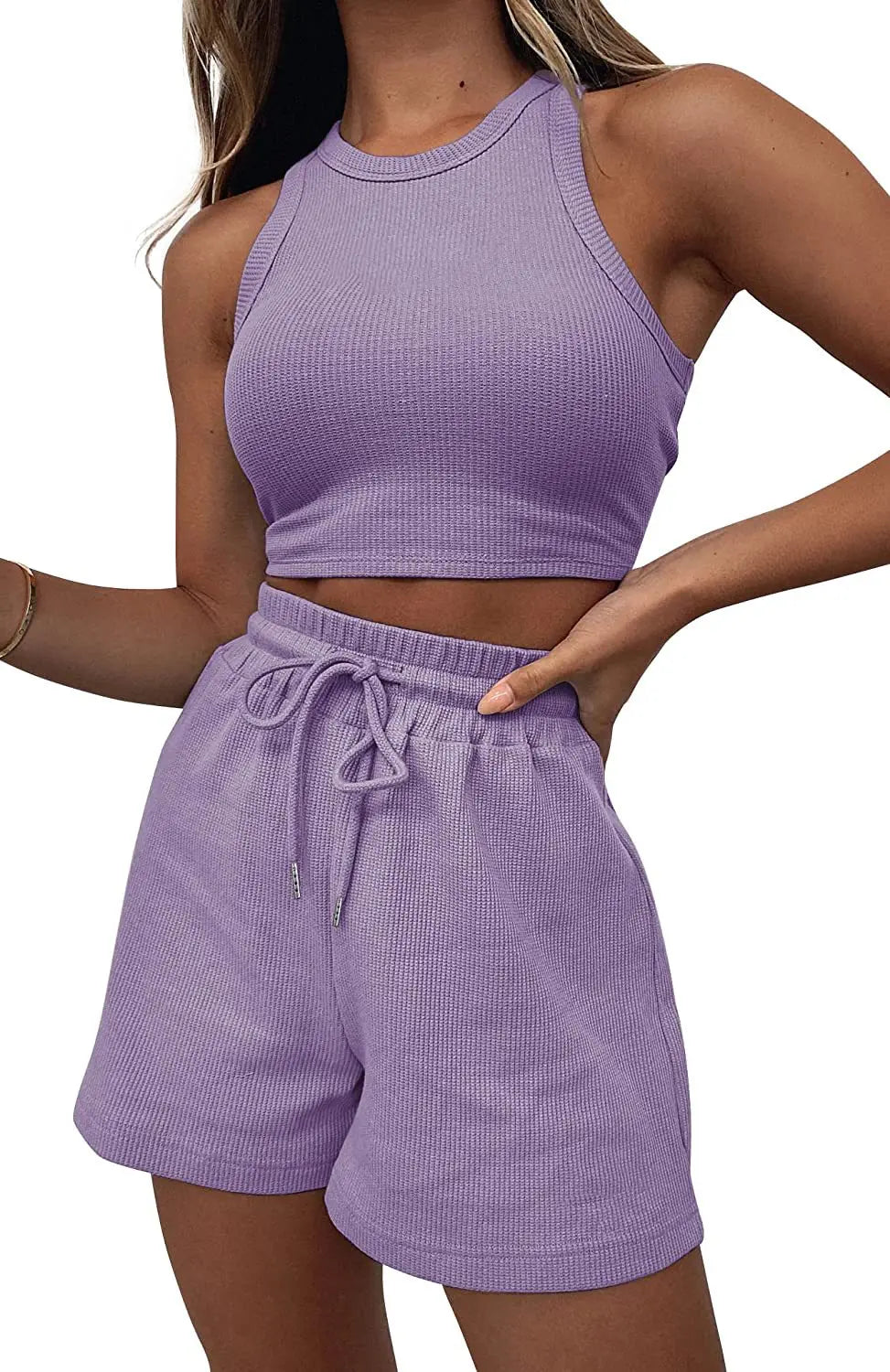 Women Shorts Outfit Solid Sleeveless Ribbed Crop Tank And Drawstring Shorts Casual Tracksuit Workout Set 2 Piece Lounge Set