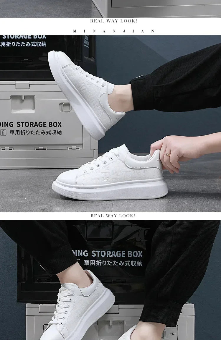 2026 Men's Casual Shoes Spring and Autumn Flat-soled Casual Leather Shoes Sports Shoes Black and White Men's Thick-soled Shoes