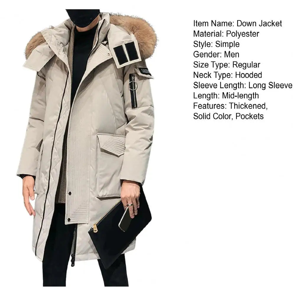 Men Down Jacket Fur Collar Hooded Long Sleeve Solid Color Winter Coat Zipper Placket Pockets Thickened Puffer Outwear