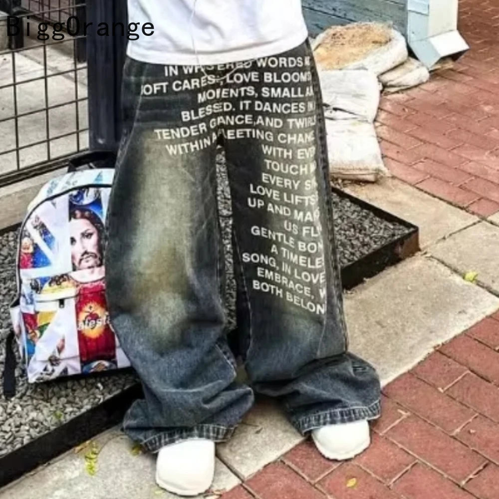 Trendy Jeans American Fashion High Street Trousers Letter Printed Pattern Wide Leg Y2K Men's Retro Gothic Casual Pants