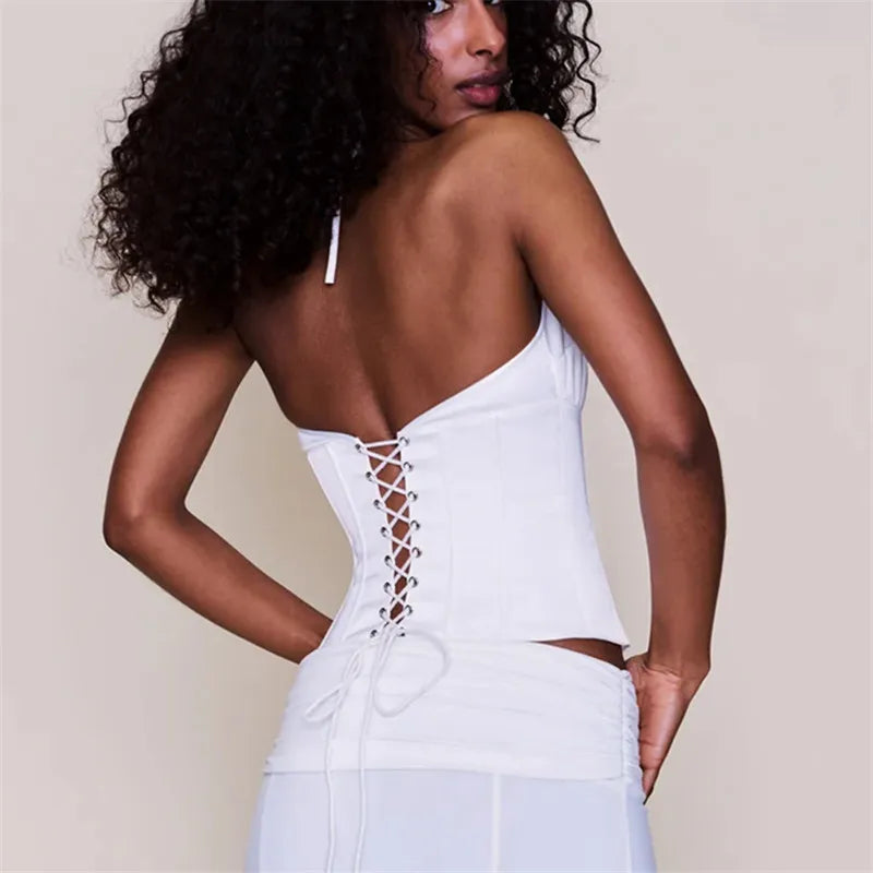 hirigin Womens Y2k Lace Up Front Halter Tank Tops V Neck Tie Back Smocked Sleeveless Crop Cami Shirt Solid Fitted Vest