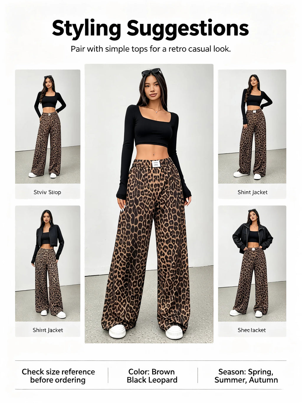 Women Leopard Print Wide Leg Pants Elastic High Waist Loose Casual Trousers Streetwear Y2K Fashion Long Palazzo Pants