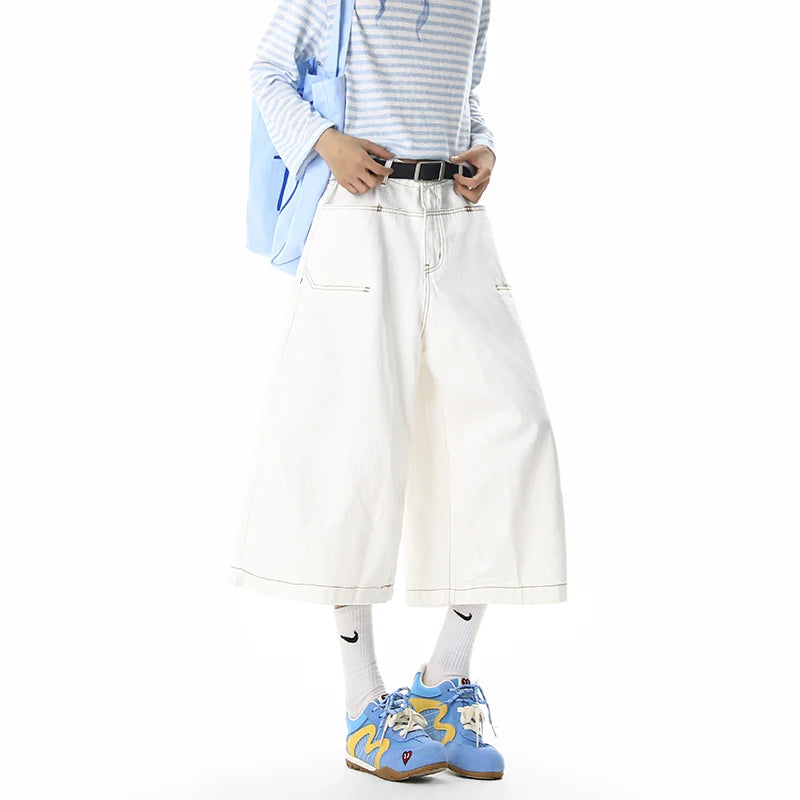 White denim pants men capri pants fashion trendy summer denim fabric visible stitching design, streetwear outdoor sports pants