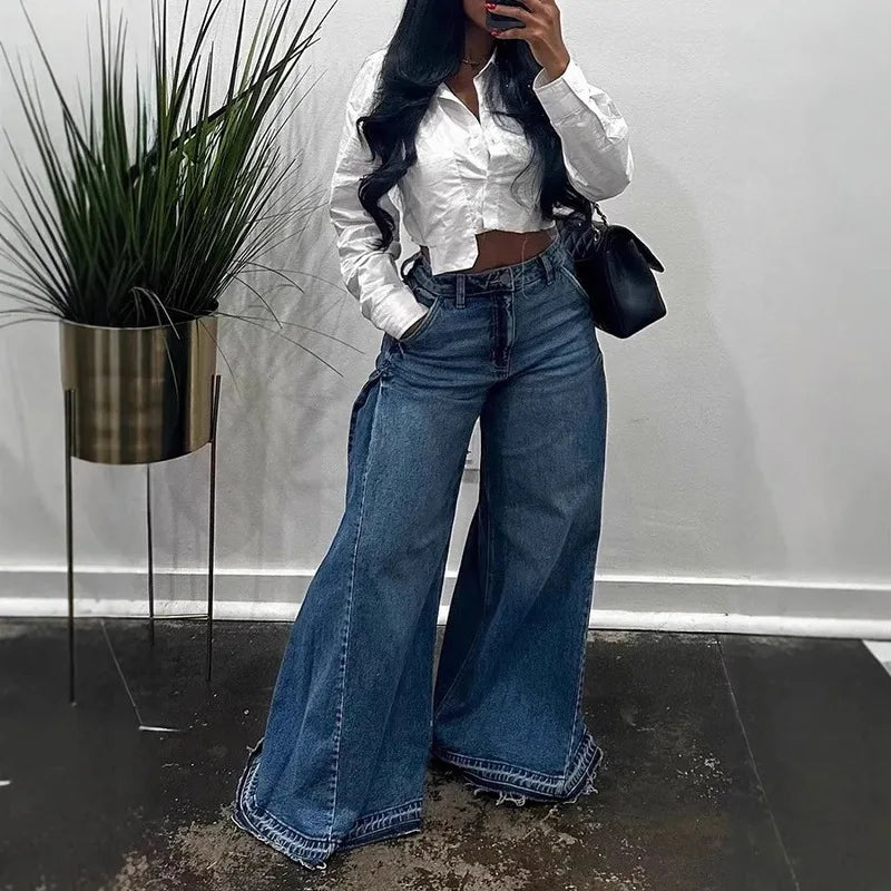 QICHE European American Women Y2K Blue Washed Patchwork Flare Jeans Loose Tassel Floor-Length Wide Leg Denim Pants