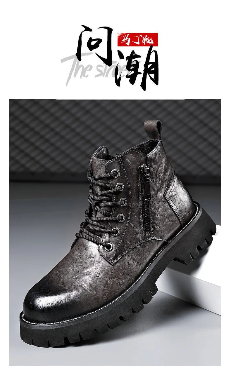 2025 autumn and winter boots men's British style versatile high top leather shoes workwear snow leather boots men's short boots