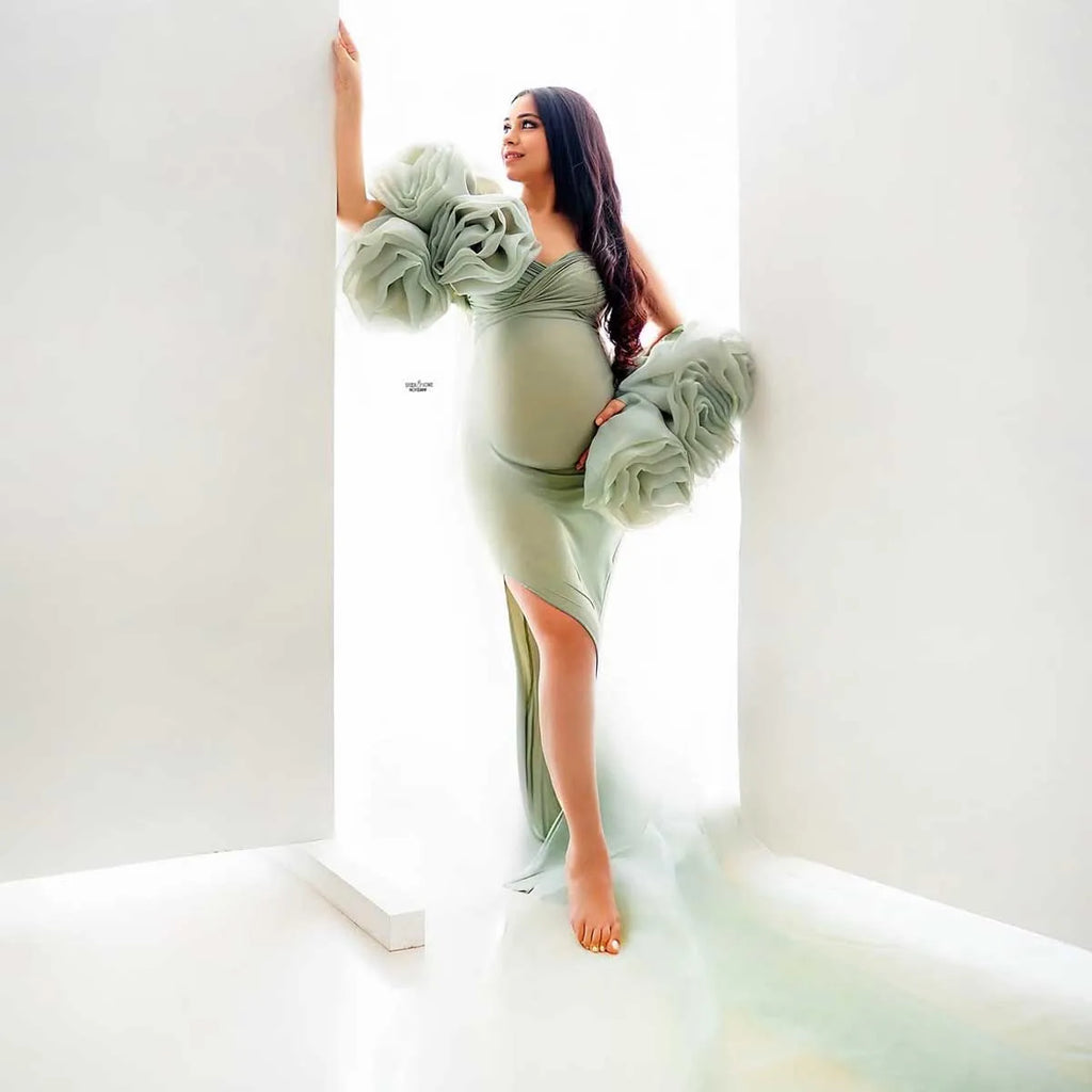 Charming Mint Green Flower Cape Maternity Dress for Photoshoot 2 Pieces Pregnancy Dress Hand Floral Maternity Dresses with Cape