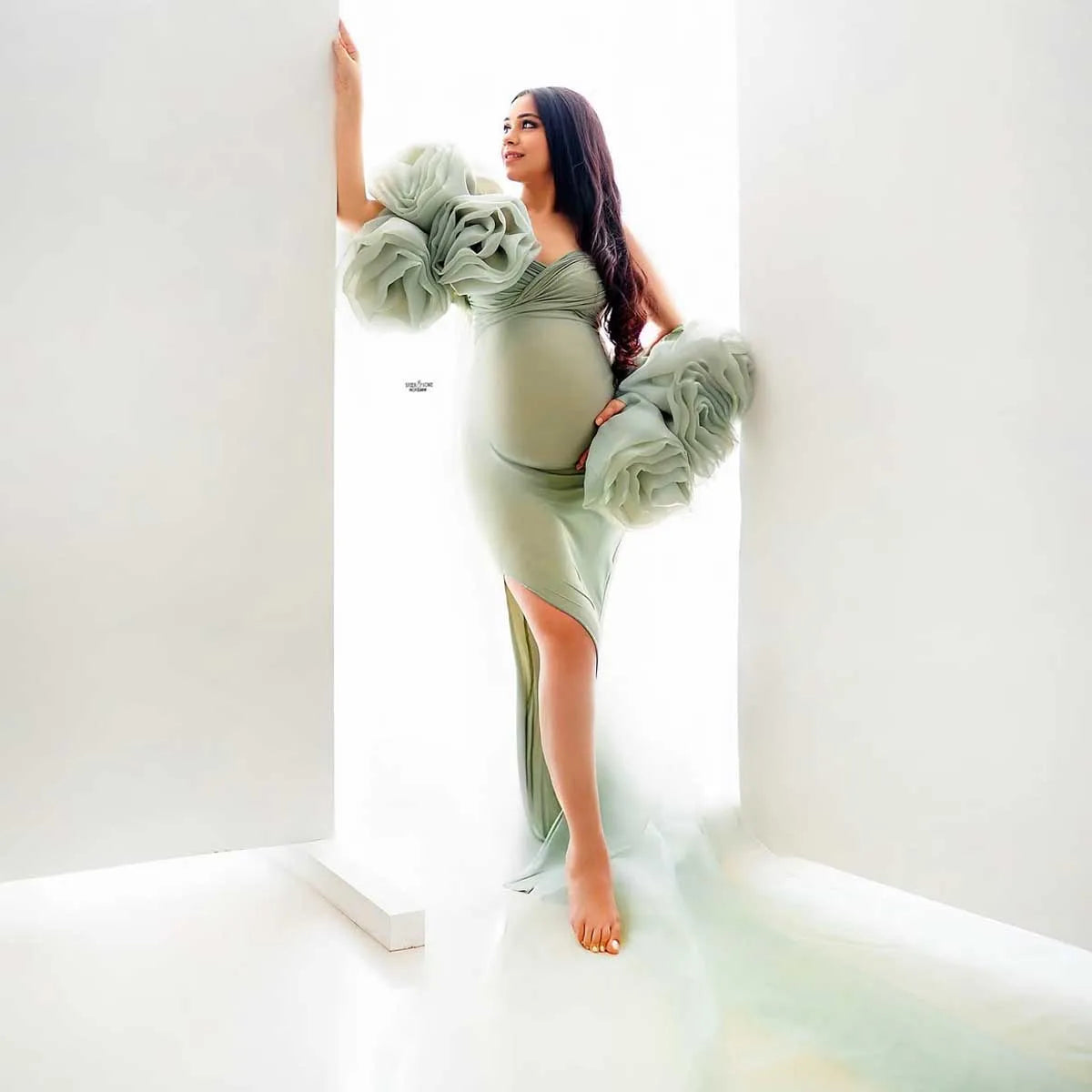 Charming Mint Green Flower Cape Maternity Dress for Photoshoot 2 Pieces Pregnancy Dress Hand Floral Maternity Dresses with Cape