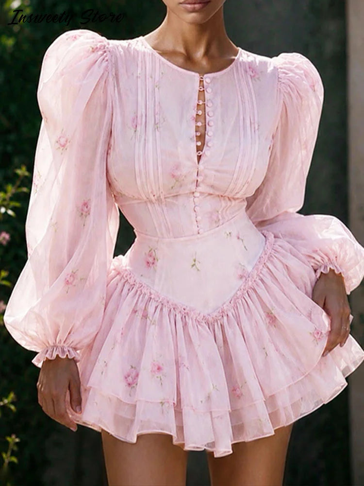 Elegant Floral Print Chiffon Dress Women's Backless Long Sleeve Ruffle Waist Cutout Tiered Dresses 2026 New Lady Party Wear