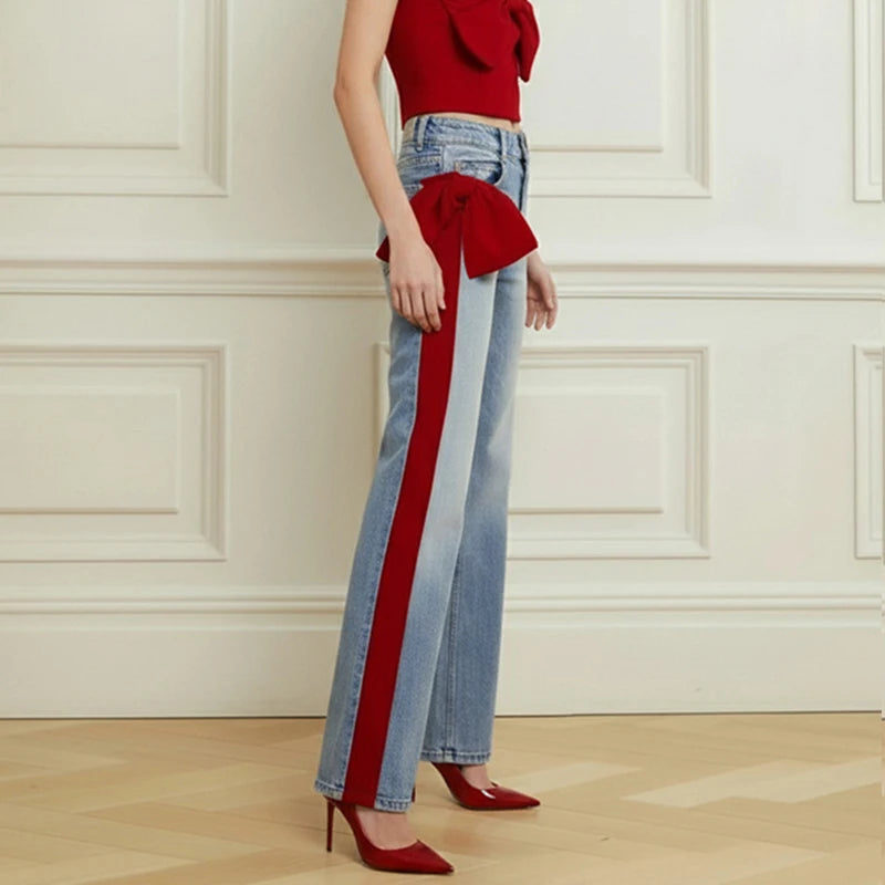 Krisstargirls Women's Fall Winter Going Out Jeans 2025 New Stylish Elegant Bow-embellished Blue Leisure Fashion Pants for Ladies