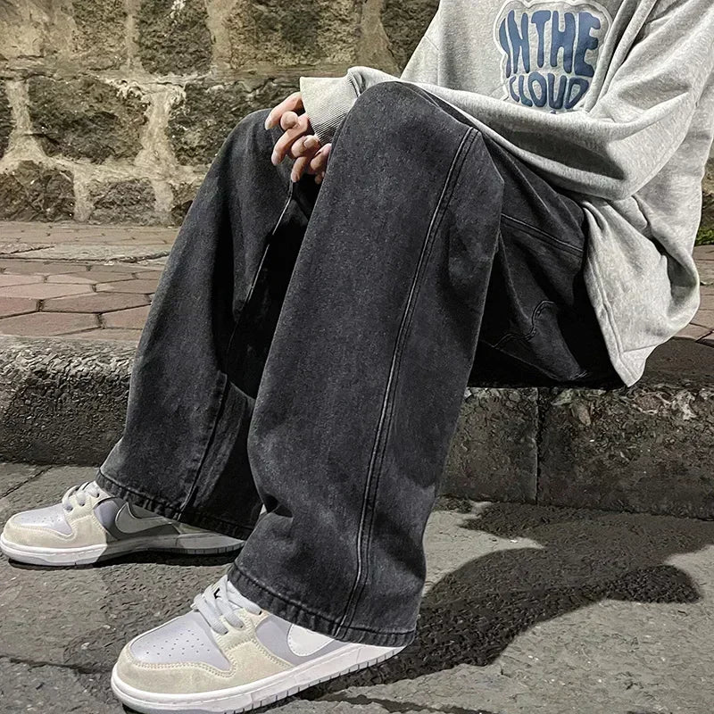 Korean Style Streetwear New Fashion Baggy Casual Men Jeans High Street Harajuku  Denim Trousers Men Brand pants Black grey Blue