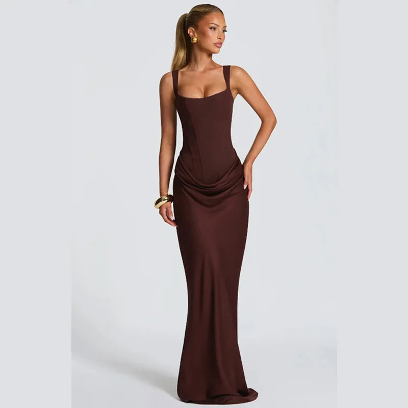 Ruched Waist Satin Long Dress Solid Bodycon Sleeveless Cowl Neck Fishtail Women Dresses 2026 Summer Lady Formal Evening Gowns